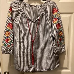 Westport Blue Striped Top with Floral Embroidery